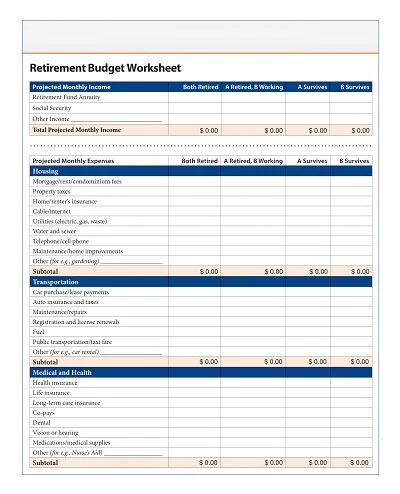 Basic Retirement Monthly Budget Template