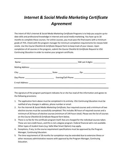 Social Media Marketing Certificate Agreement