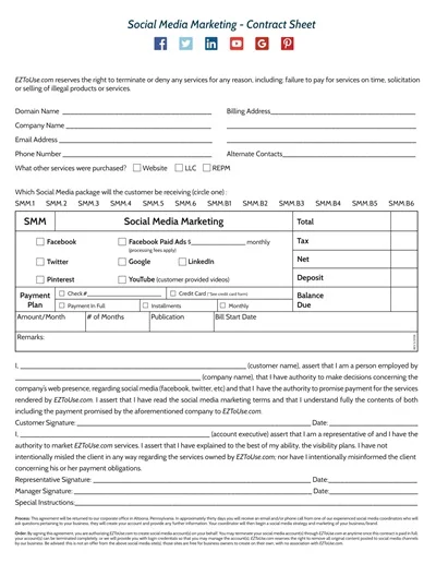 Social Media Marketing Contract Sheet