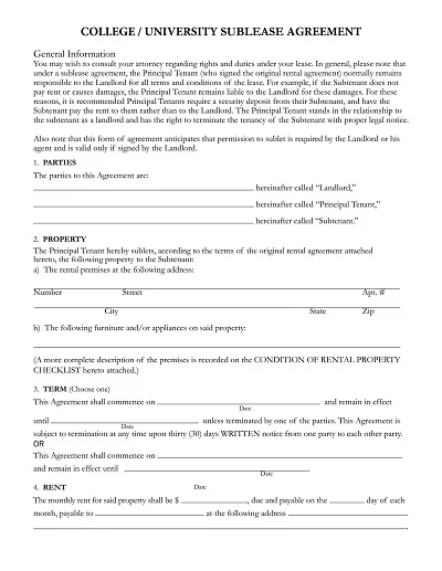 College Sublease Agreement Template