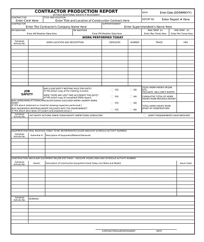 Contractor Production Report Template