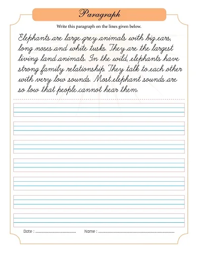 Cursive Paragraph Elephants Worksheet