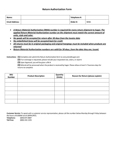 Formal Return Authorization Form