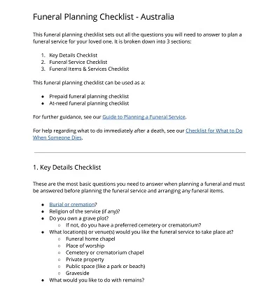 Funeral Planning Checklist Australia