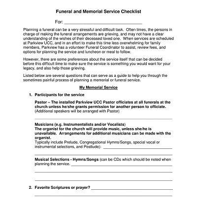 Funeral and Memorial Service Checklist