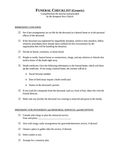 Generic Funeral Checklist Template