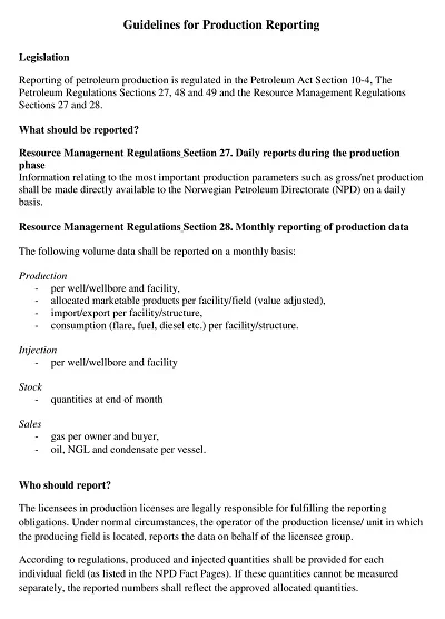 Guidelines for Production Reporting Template