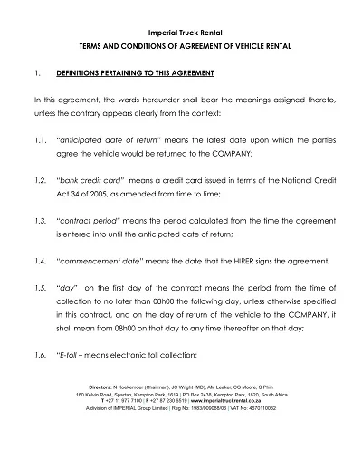 Imperial Truck Rental Agreement Template