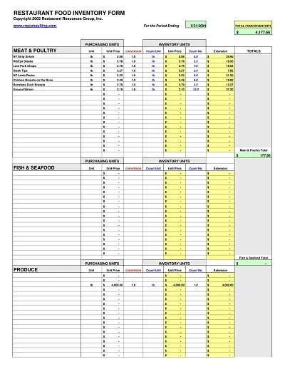 Inventory Form Restaurant Template