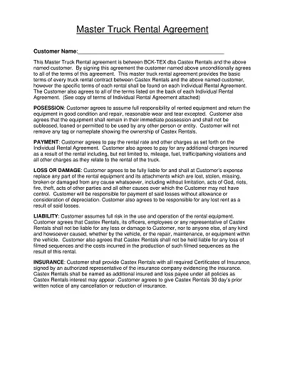 Master Truck Rental Agreement Template