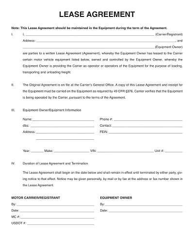 Personal Vehicle lease Agreement Form