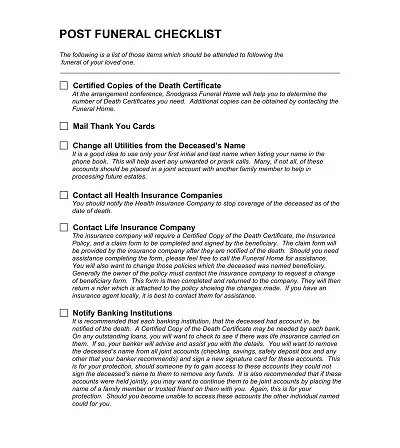 Post Funeral Checklist Template