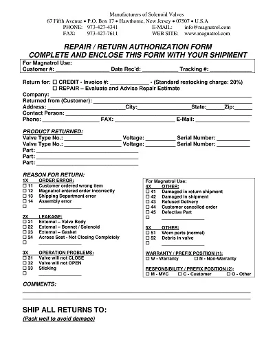 Return Authorization Form PDF