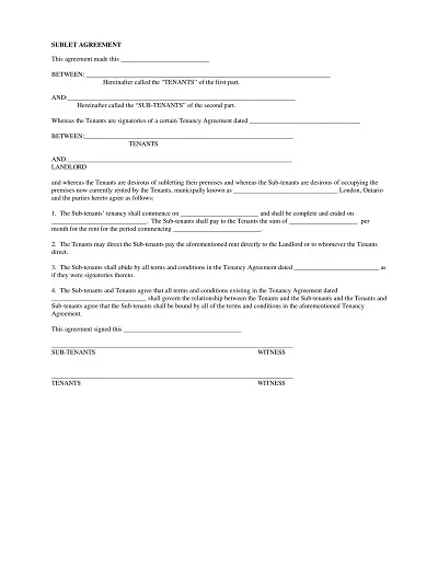 Roommate Sublease Agreement Form Template