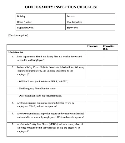 Sample Safety Inspection Checklist