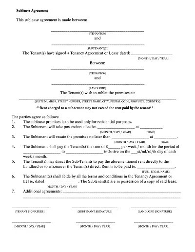 Short Rental Sublease Agreement Template