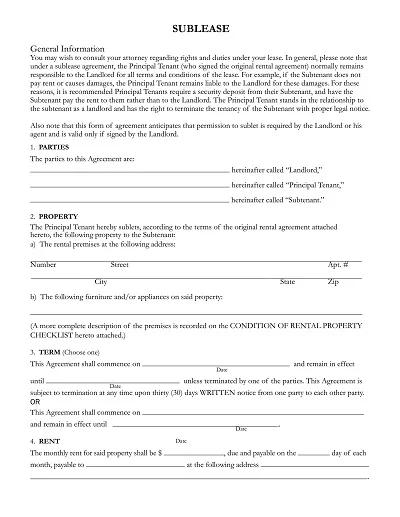 Simple Rental Sublease Agreement Template