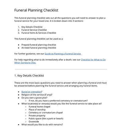 Standard Funeral Planning Checklist