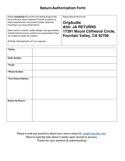 Standard Return Authorization Form