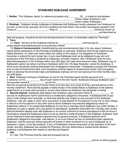 Standard Sublease Agreement Form Template