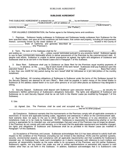 Sublease Apartment Agreement Template PDF