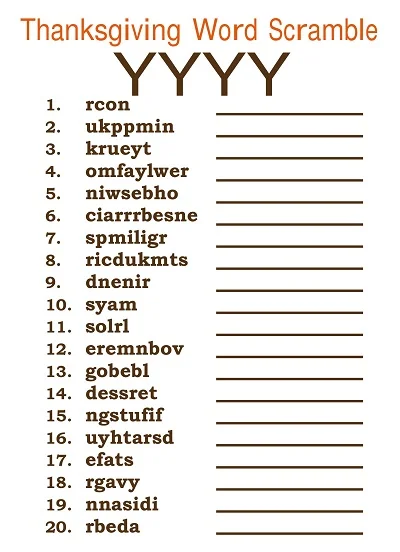 Thanksgiving Word Scramble