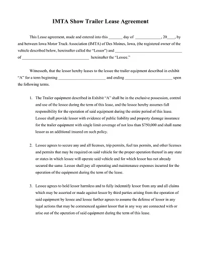 Trailer Lease Agreement Form Template