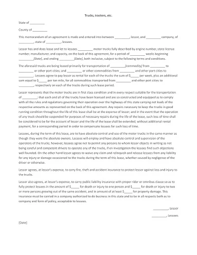 Truck Rental Lease Agreement Form Word