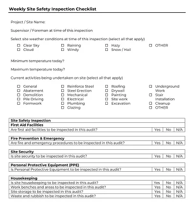 Weekly Site Safety Inspection Checklist