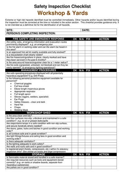 Workshop Safety Inspection Checklist