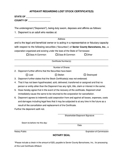 Affidavit Regarding Stock Certificate