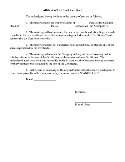 Affidavit of Lost Stock Certificate