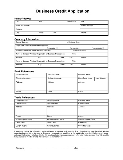 Blank Business Credit Application Form