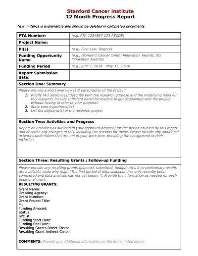 Cancer Institute Progress Report Template