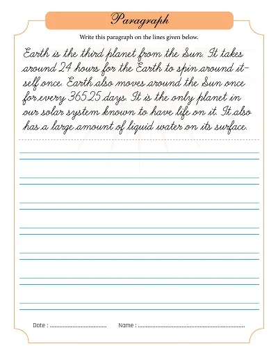 Cursive Paragraph Earth Worksheet