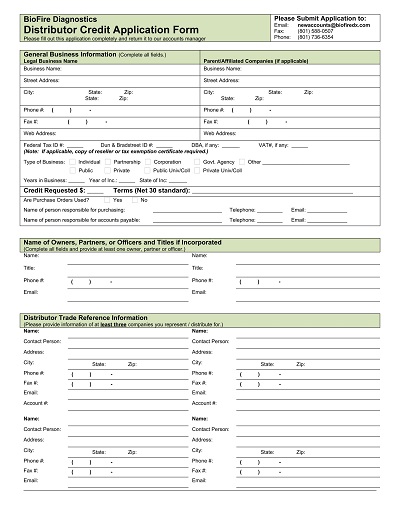 Distributor Business Credit Application Form