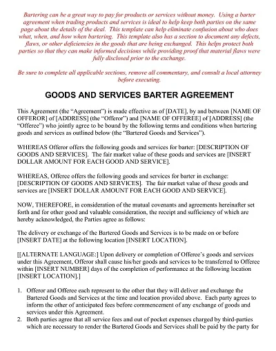 Goods And Services Barter Agreement