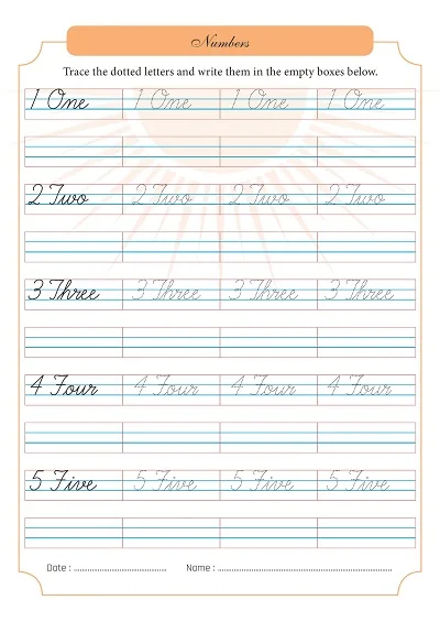 Numbers 1 to 10 Spellings Cursive Worksheet