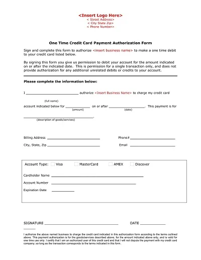 One Time Credit Card Payment Authorization Form