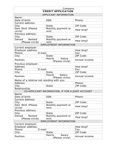 Printable Business Credit Application Form