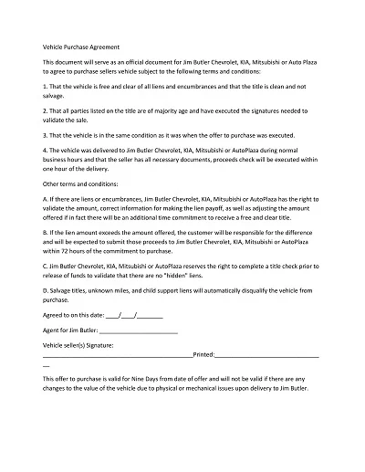 Printable Vehicle Purchase Agreement