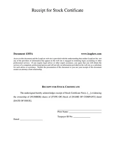 Receipt for Stock Certificate Template