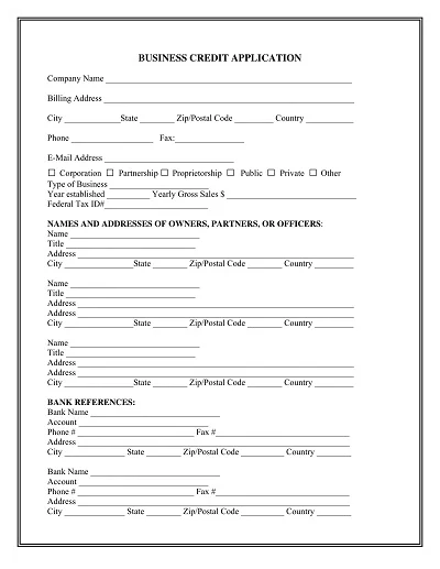 Standard Business Credit Application Form