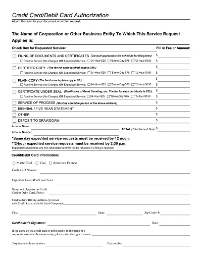 Standard Credit Card Authorization Form Template