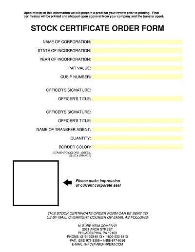 Stock Certificate Order Form