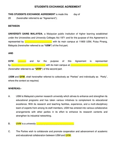 Student Exchange Agreement Form