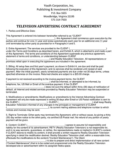 Television Advertising Contract Agreement