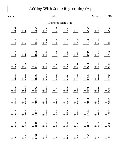 100 Single-Digit Addition Worksheet