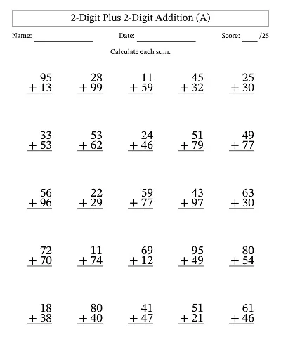 2-Digit Plus 2-Digit Addition Worksheet