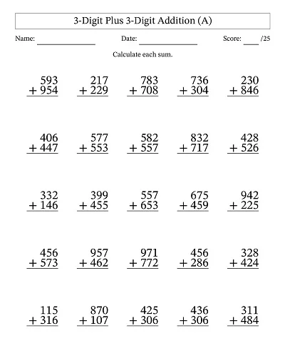 3-Digit Plus 3-Digit Addition Worksheet